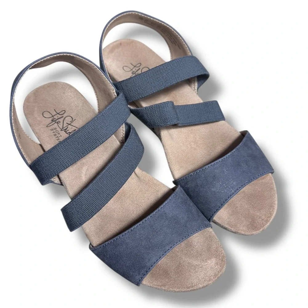 LifeStride Marina Wedge Sandals Blue Fabric Elastic Comfort Size 7.5M